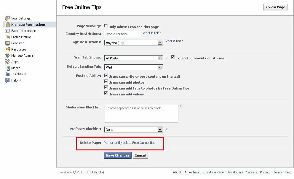 Delete link for Facebook page