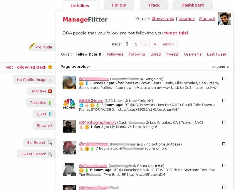 Find who's not following you on Twitter using ManageFlitter