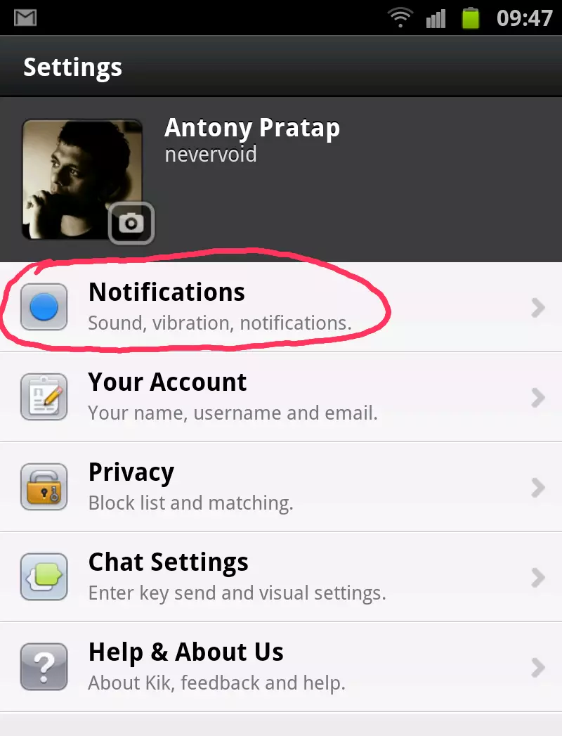 Kik messenger notification settings
