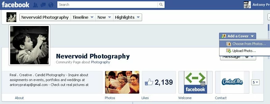 Add Cover Photo for Facebook Page Timeline