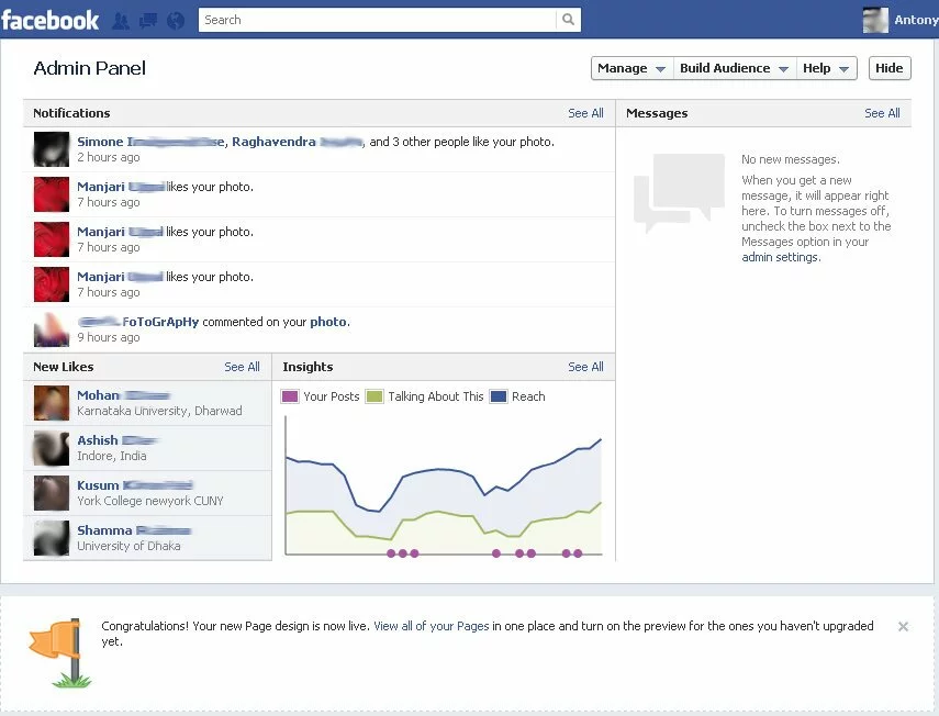 Facebook page Admin Panel and Notifications
